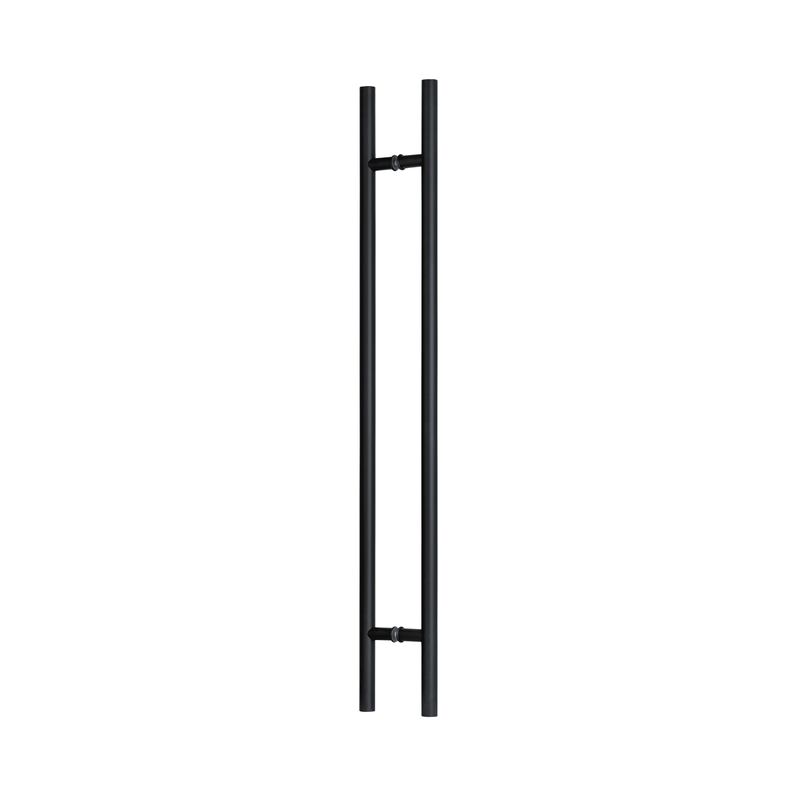 A black, vertical, stainless steel ladder-style door handle by Prima Decorative Hardware with two central connecting brackets. The modern double-bar pull handle is shown isolated on a white background.