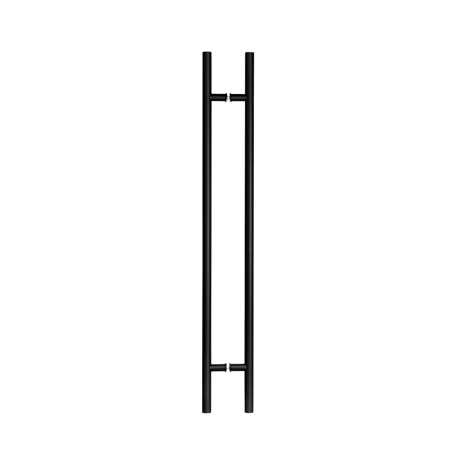 A pair of long, vertical black modern ladder-style door pull handles with horizontal connectors at the top and bottom by Prima Decorative Hardware, isolated on a white background.