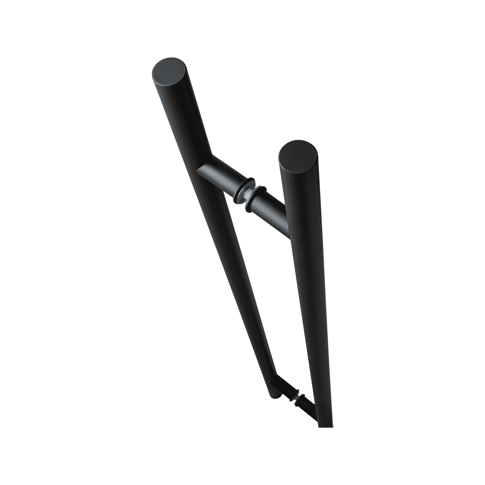 Two parallel black metal rods joined by a horizontal bar with a circular accent from Prima Decorative Hardware are shown from above against a white background, featuring a modern ladder style similar to a sleek stainless steel door handle.