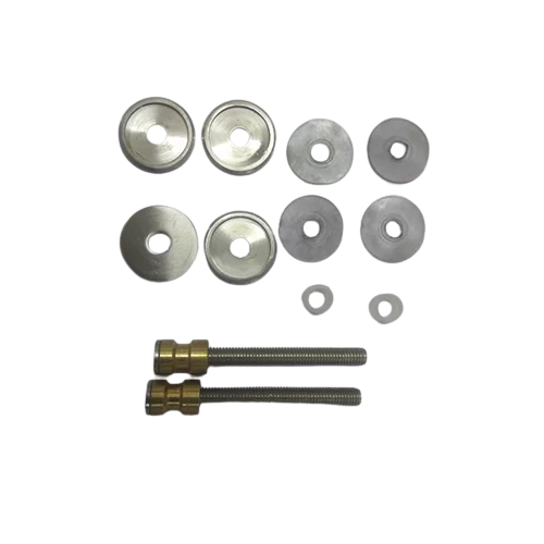 Prima Decorative Hardware assorted set: two threaded bolts with hex nuts, ten assorted washers, and a sleek stainless steel door handle, all arranged neatly on a white background.