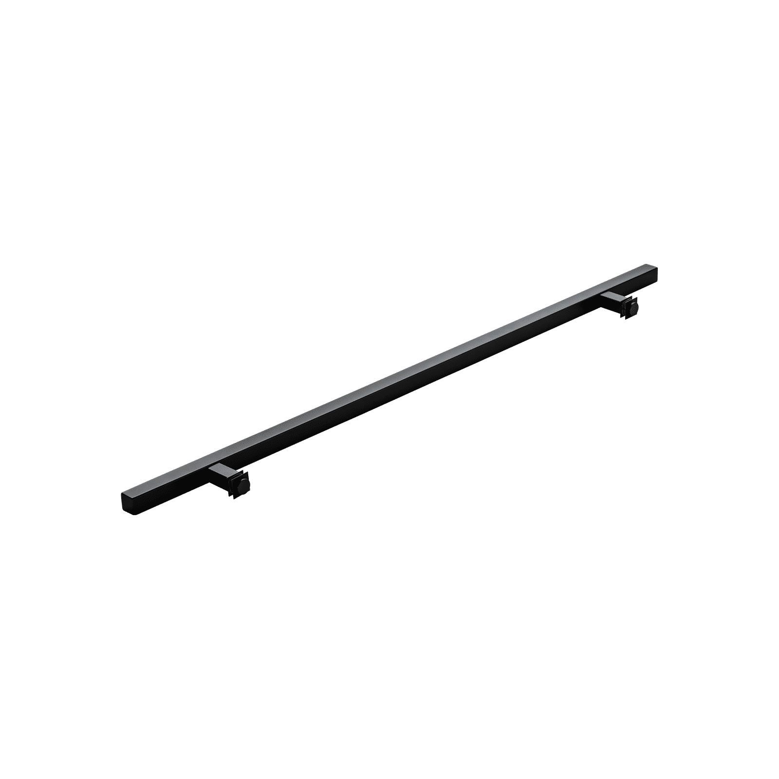 A black matte rectangular door pull by Prima Decorative Hardware, featuring two small mounting brackets, is displayed on a white background.