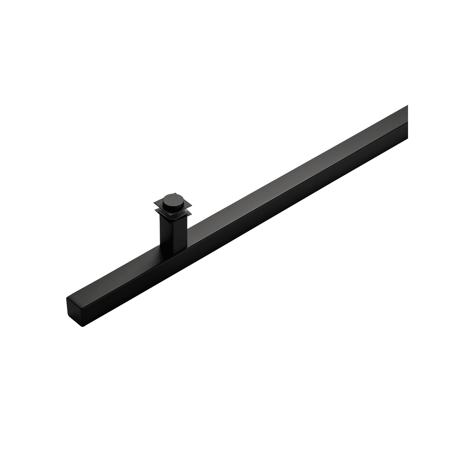 A long, rectangular black matte door pull by Prima Decorative Hardware features a small square accent near one end, shown on a white background.