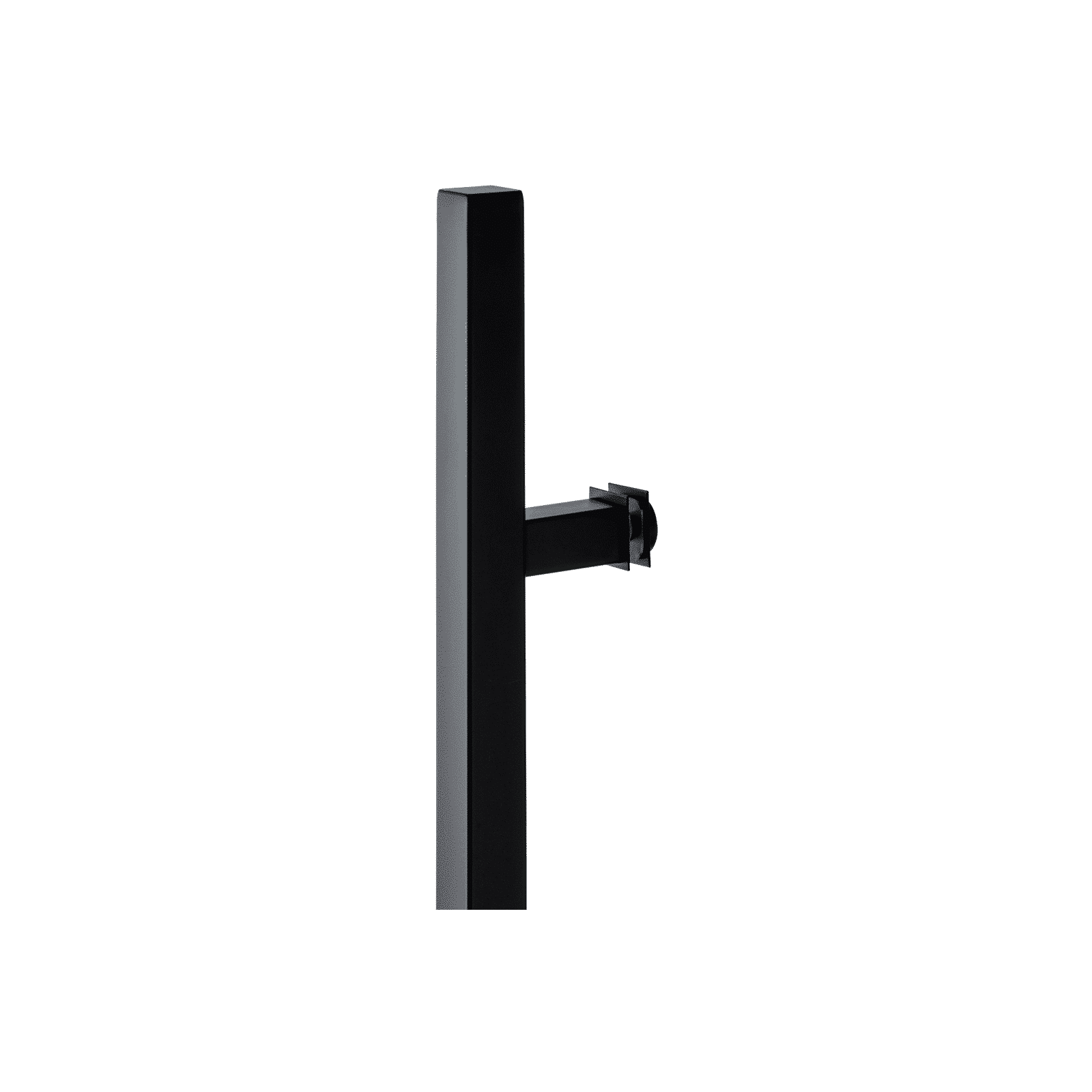 A Prima Decorative Hardware black vertical rectangular monitor stand with an extending horizontal arm and mounting attachment, reminiscent of a matte door pull, is displayed on a plain white background.