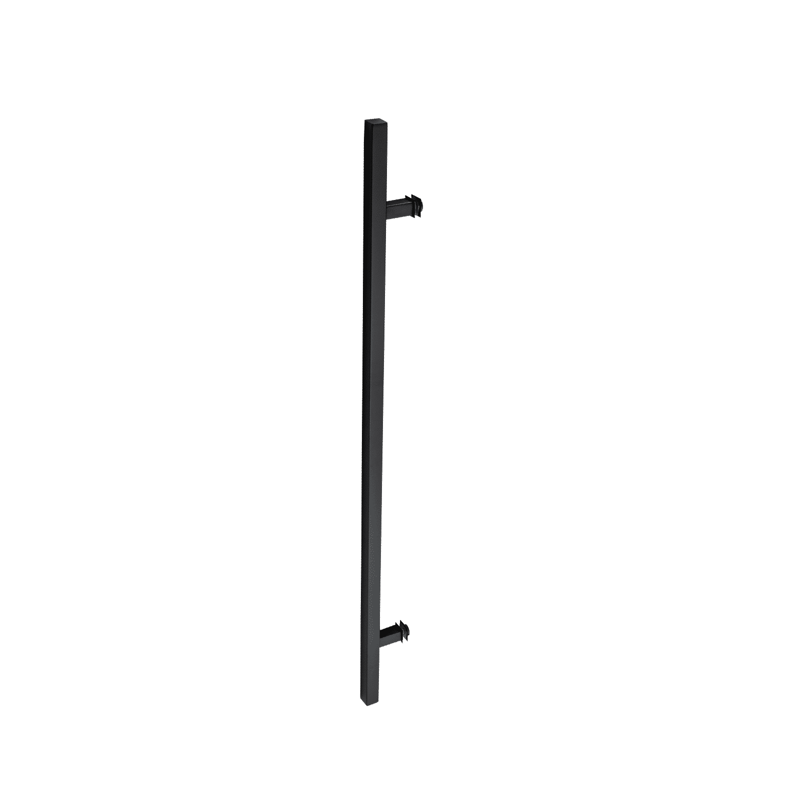 The Prima Decorative Hardware black matte rectangular door pull features two perpendicular mounting brackets, is crafted from stainless steel, and is displayed on a plain white background.