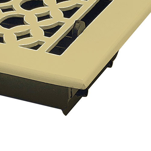 A close-up of a Prima Decorative Hardware Cast Aluminum Floor Register shows a decorative beige metal vent cover with a Tudor Mushroom Design in a circular pattern, partially framed and resting on a black base.