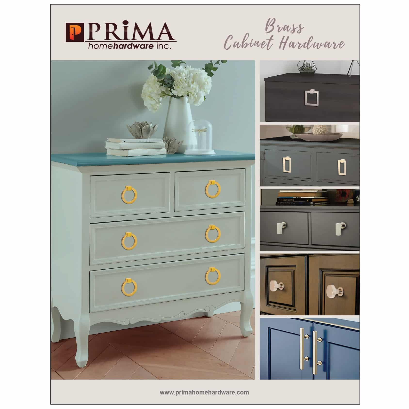 A catalog page features Prima Decorative Hardware’s Ring Pulls Round 4" on a pale chest of drawers, with close-ups of cabinets showcasing different hardware styles, including solid brass cabinet handles.