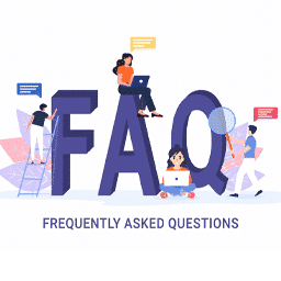 Illustration of large FAQ letters with four people around them: one on a ladder, one sitting on the A with a laptop, one sitting on the ground with a laptop, and one standing, all with speech bubbles. Text: Frequently Asked Questions.