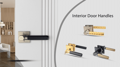 A modern interior door with a sleek black and gold handle is partially open. On the right, three metallic door handle designs are displayed with the text Interior Door Handles.