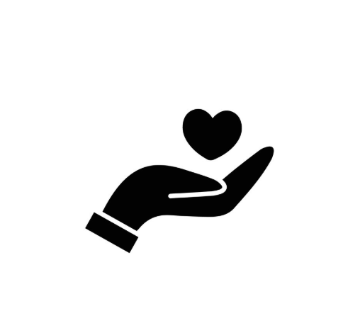 A black silhouette of a hand holding a heart shape above its palm, symbolizing care, giving, or love, on a white background.