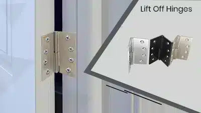 A close-up of a silver lift-off hinge attached to a door frame, with an inset image showing two types of lift-off hinges and the label Lift Off Hinges in the top right corner.