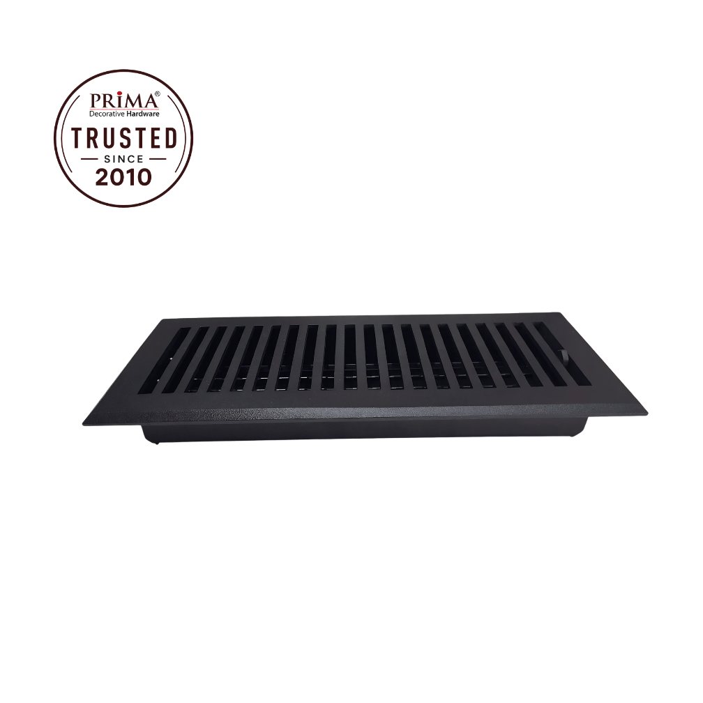 Black floor register with Prima Trusted since 2010 logo on a white background