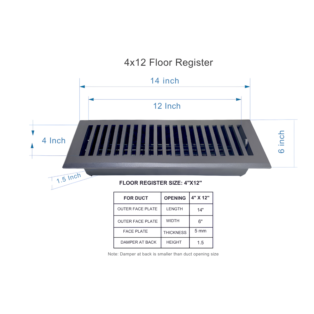 4x12 floor register with dimensions and specifications on a white background