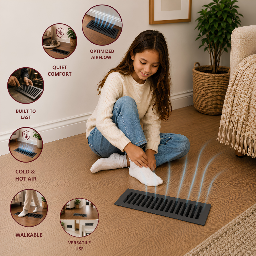 Child sitting on a wooden floor with a vent, surrounded by icons and text about the vent's features.