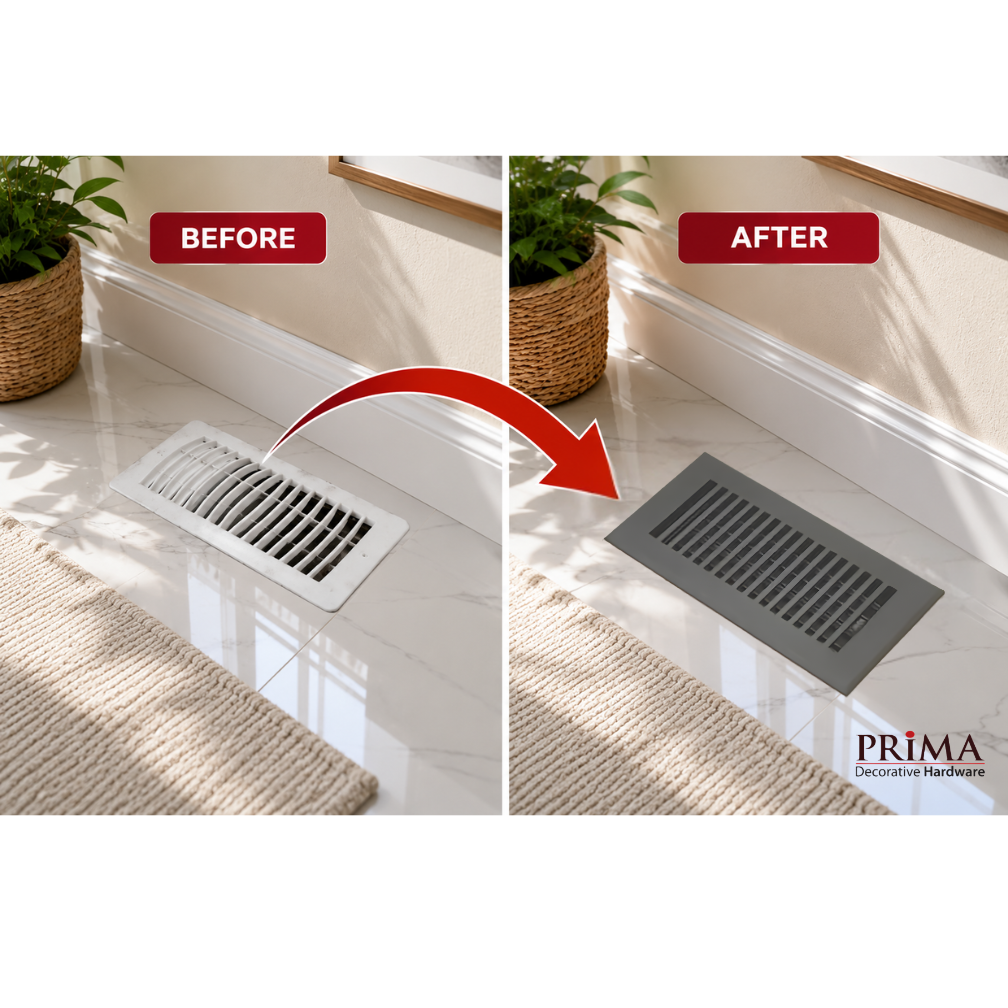Before and after comparison of a vent cover with Prima decorative hardware branding.