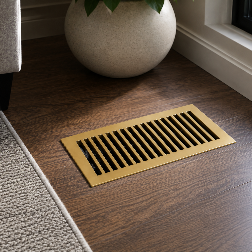 Gold floor vent on a wooden floor with a plant in the background