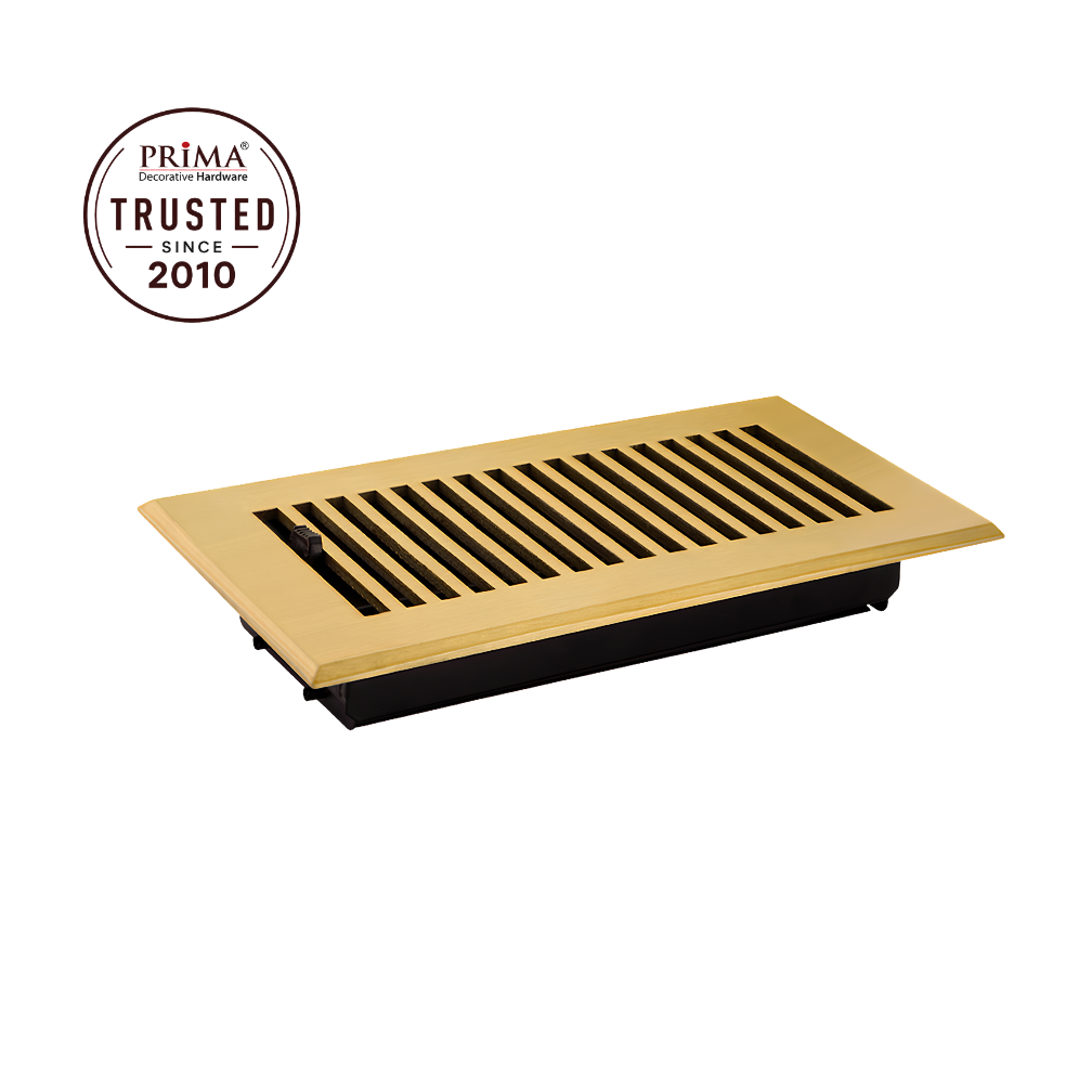 Wooden floor vent with black interior on a white background, featuring Prima Trusted since 2010 logo.