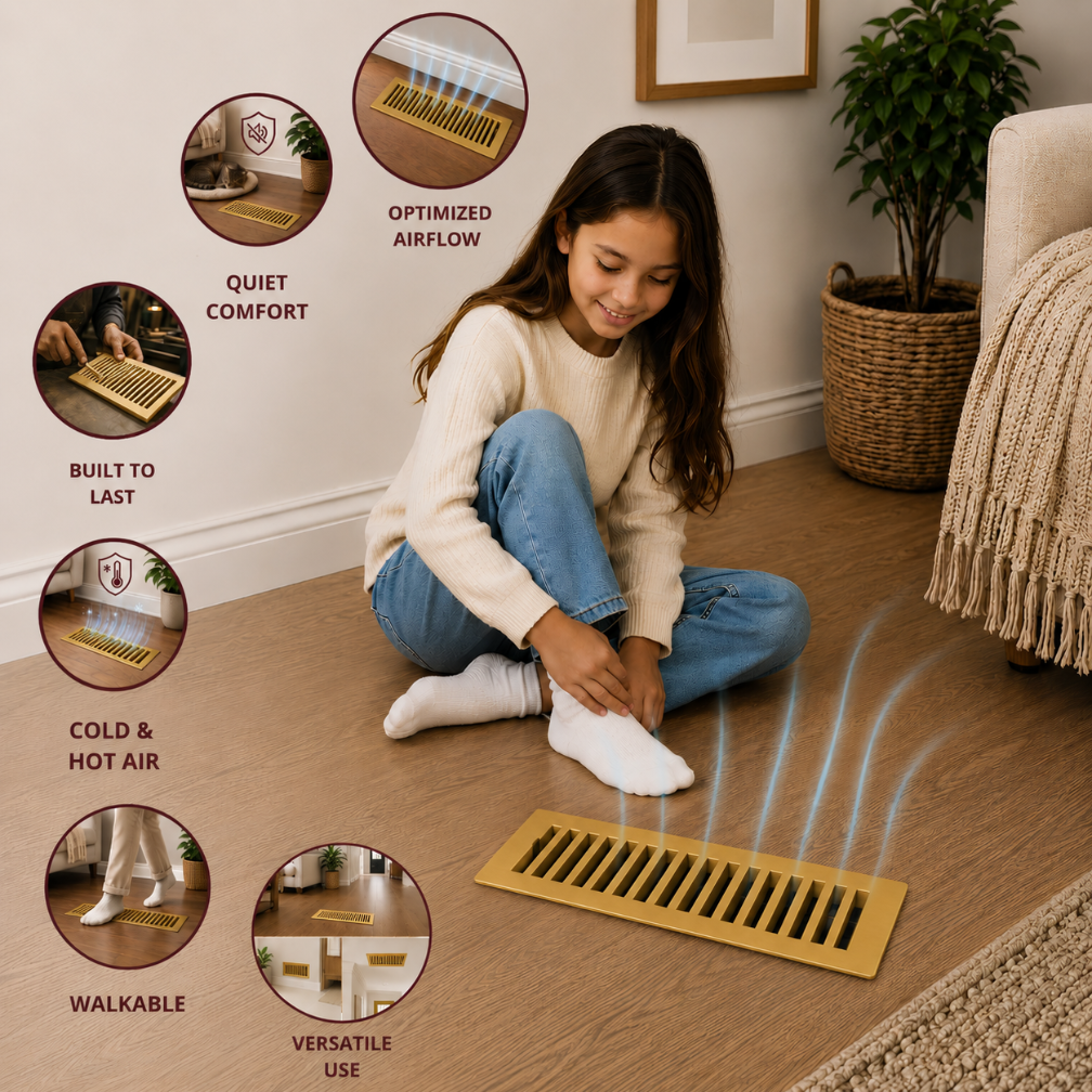 Child sitting on a wooden floor with a floor vent and features highlighted