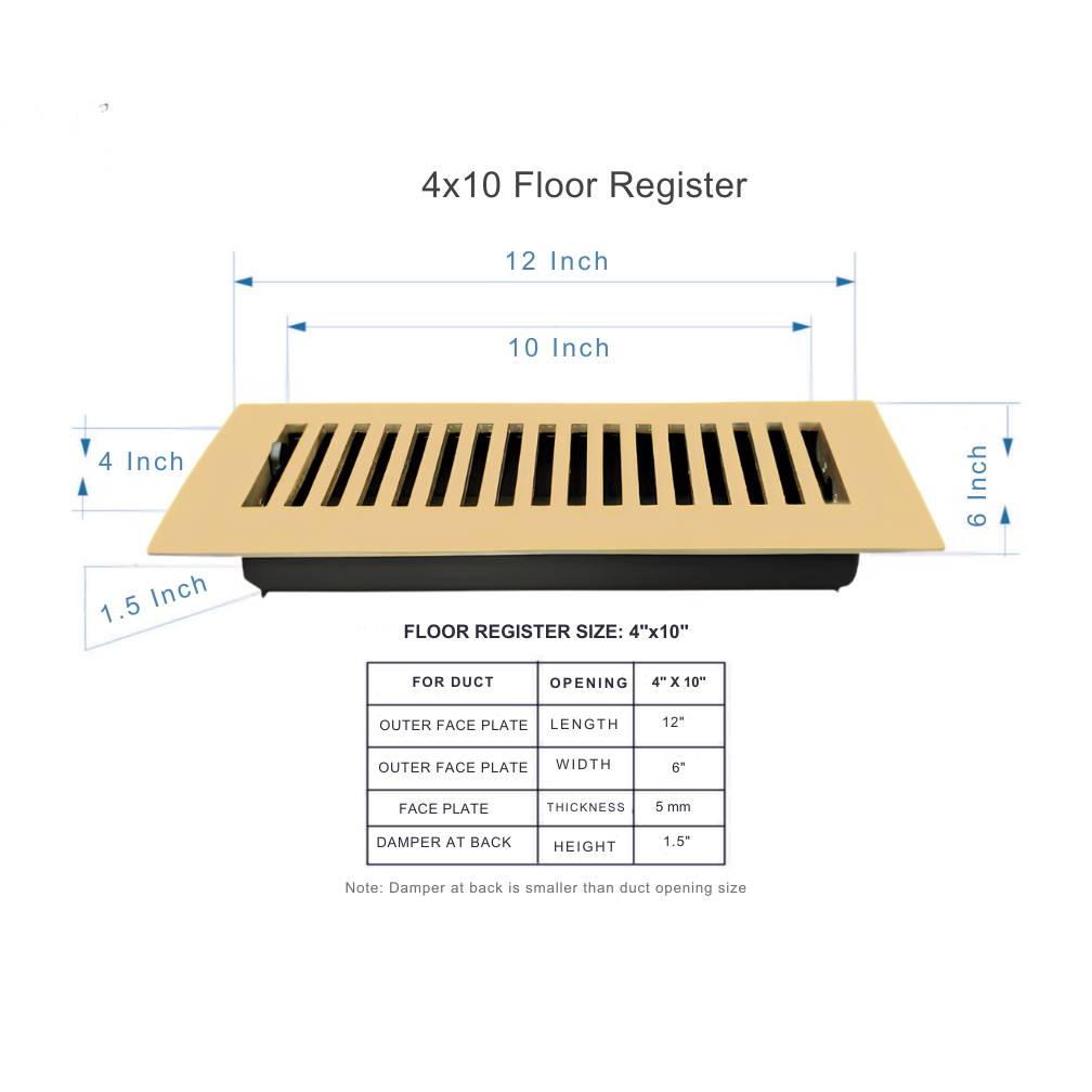 4x10 floor register with dimensions and specifications on a white background