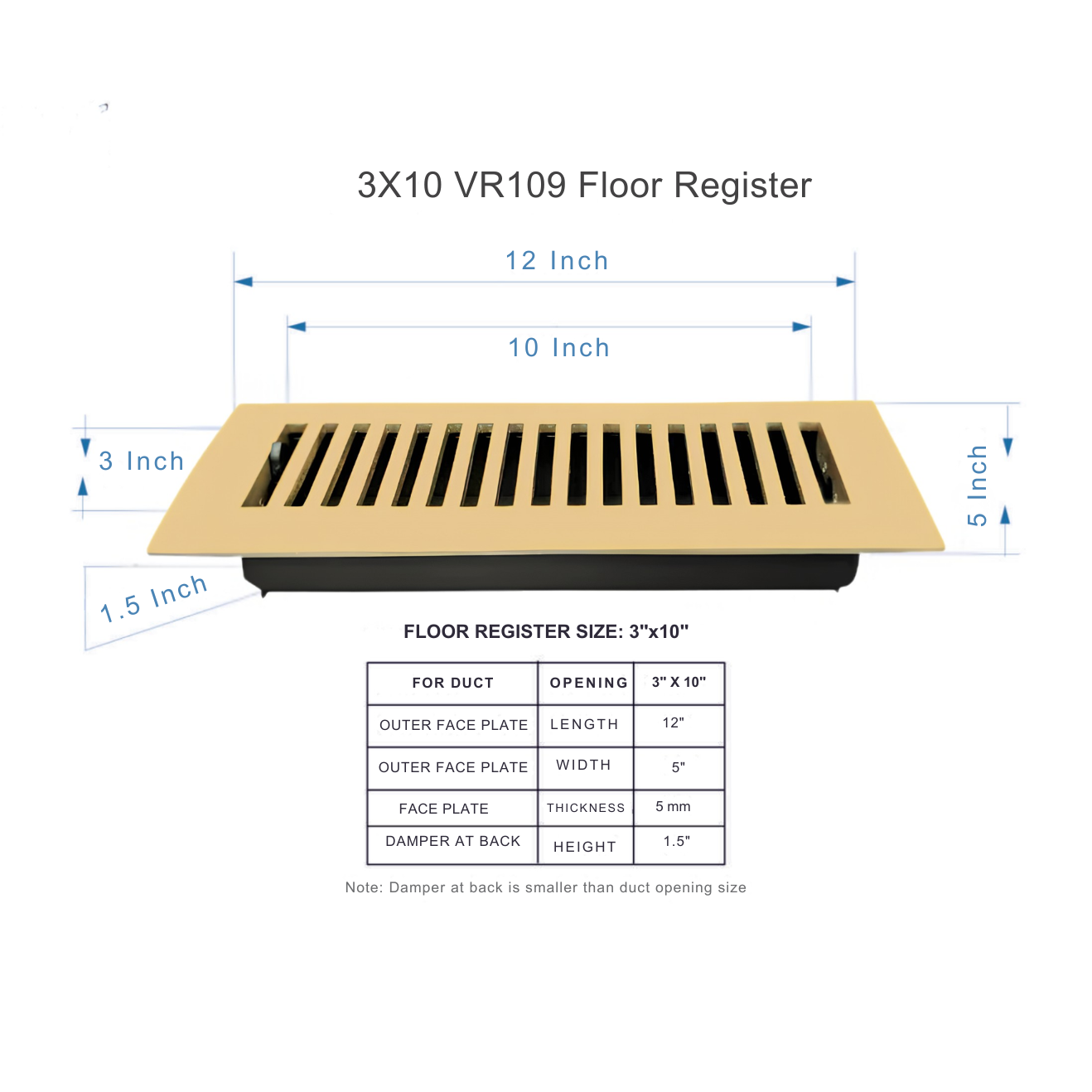 Floor register with dimensions and specifications on a white background
