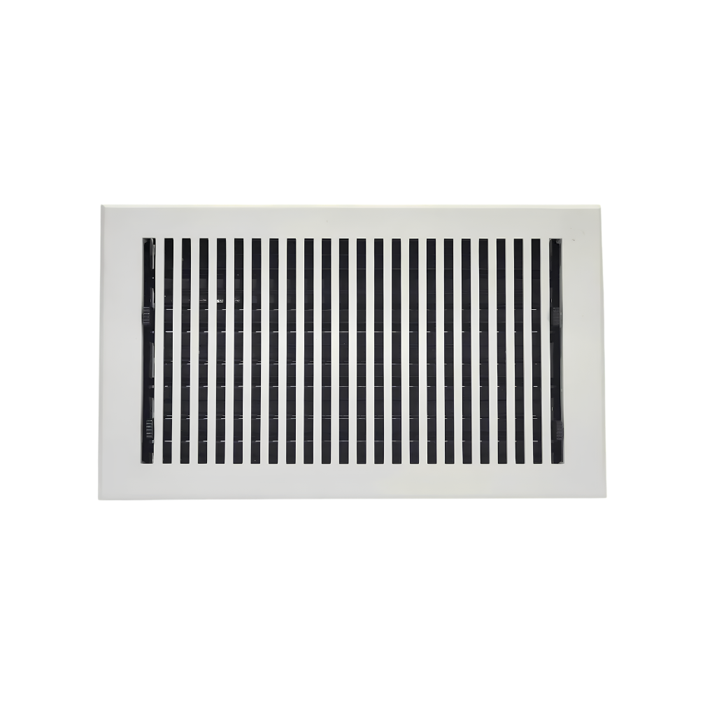 Rectangular air vent with black slats on a white background