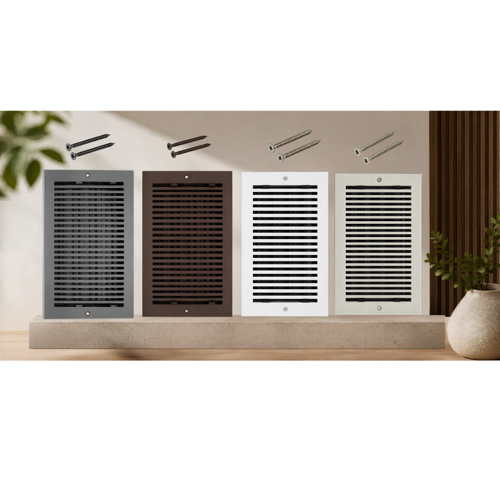 Set of four decorative air vents on a wall with plants and a vase.