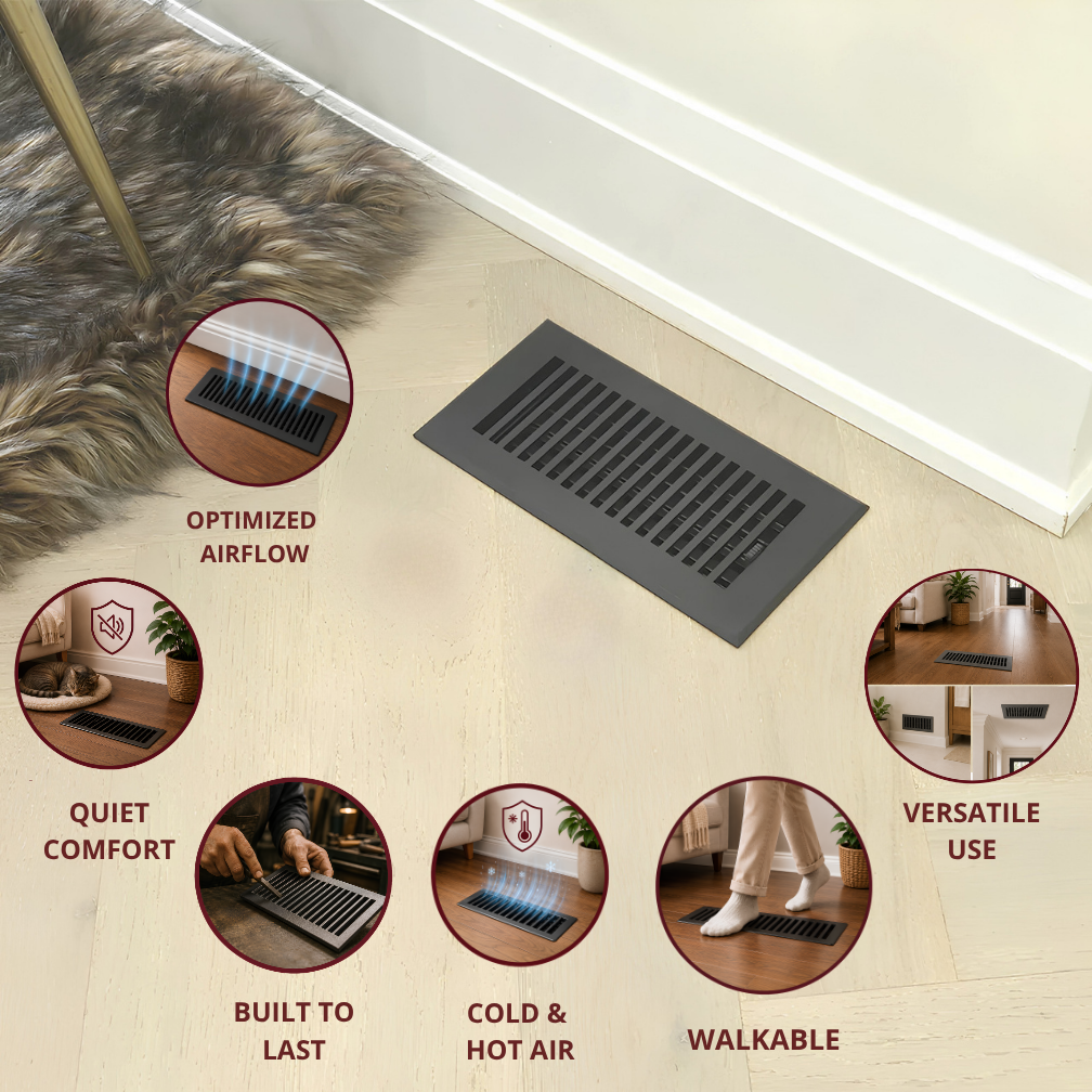 Floor vent with features highlighted on a wooden floor.