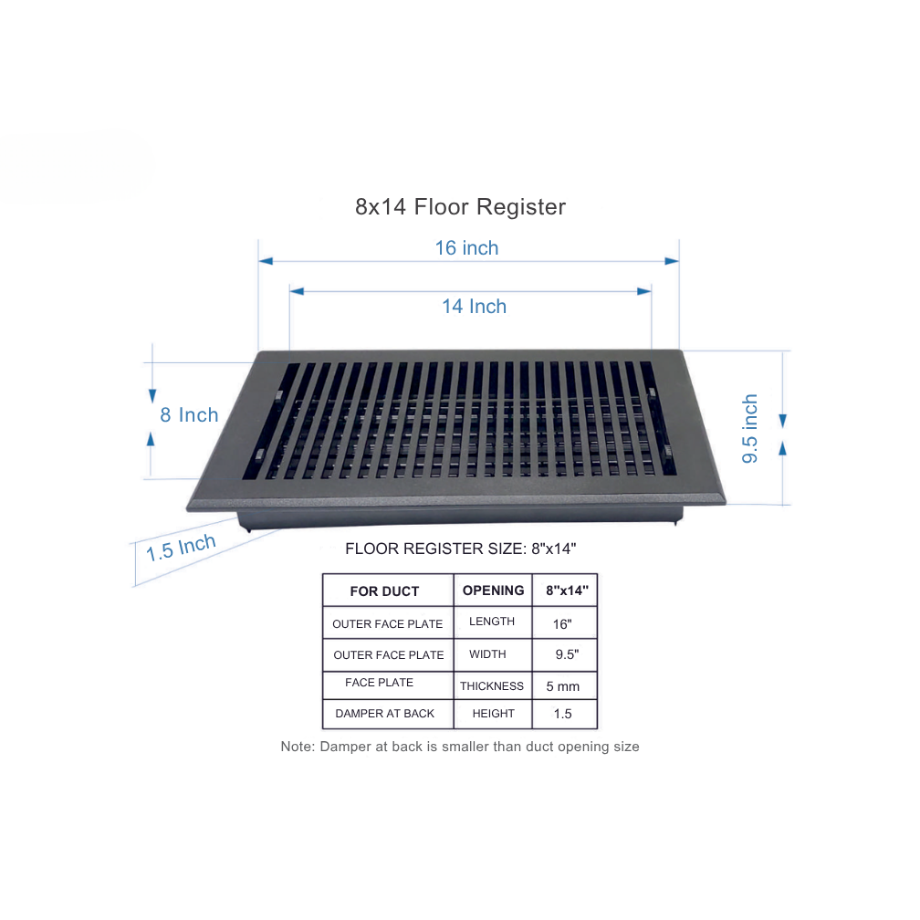 8x14 floor register with dimensions and specifications on a white background