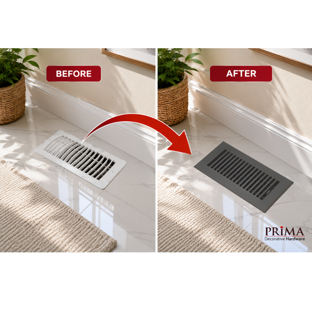 Before and after comparison of a vent cover with Prima decorative hardware branding.